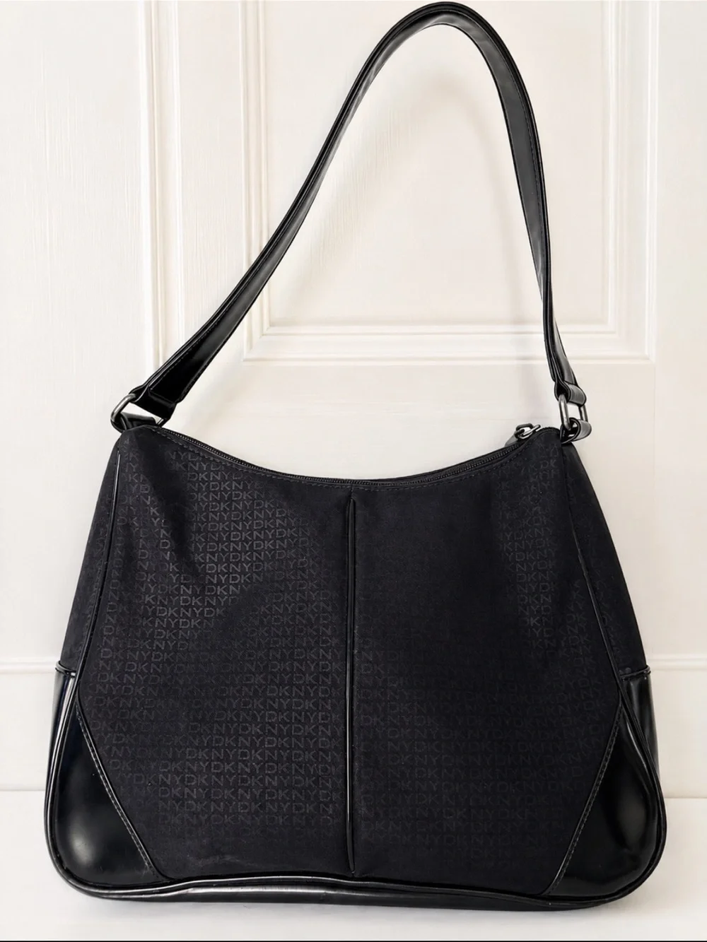 DKNY Black Jacquard Logo Shoulder Bag with Leather Trim